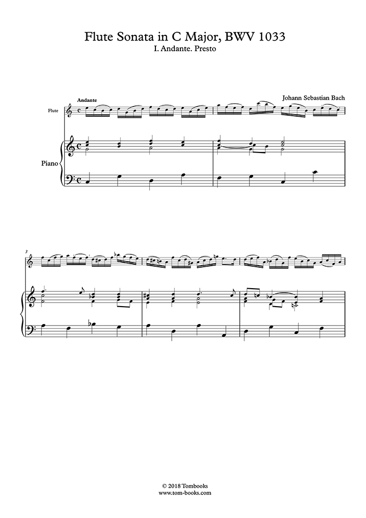 Piano Sheet Music Flute Sonata In C Major, BWV 1033 – I. Andante ...